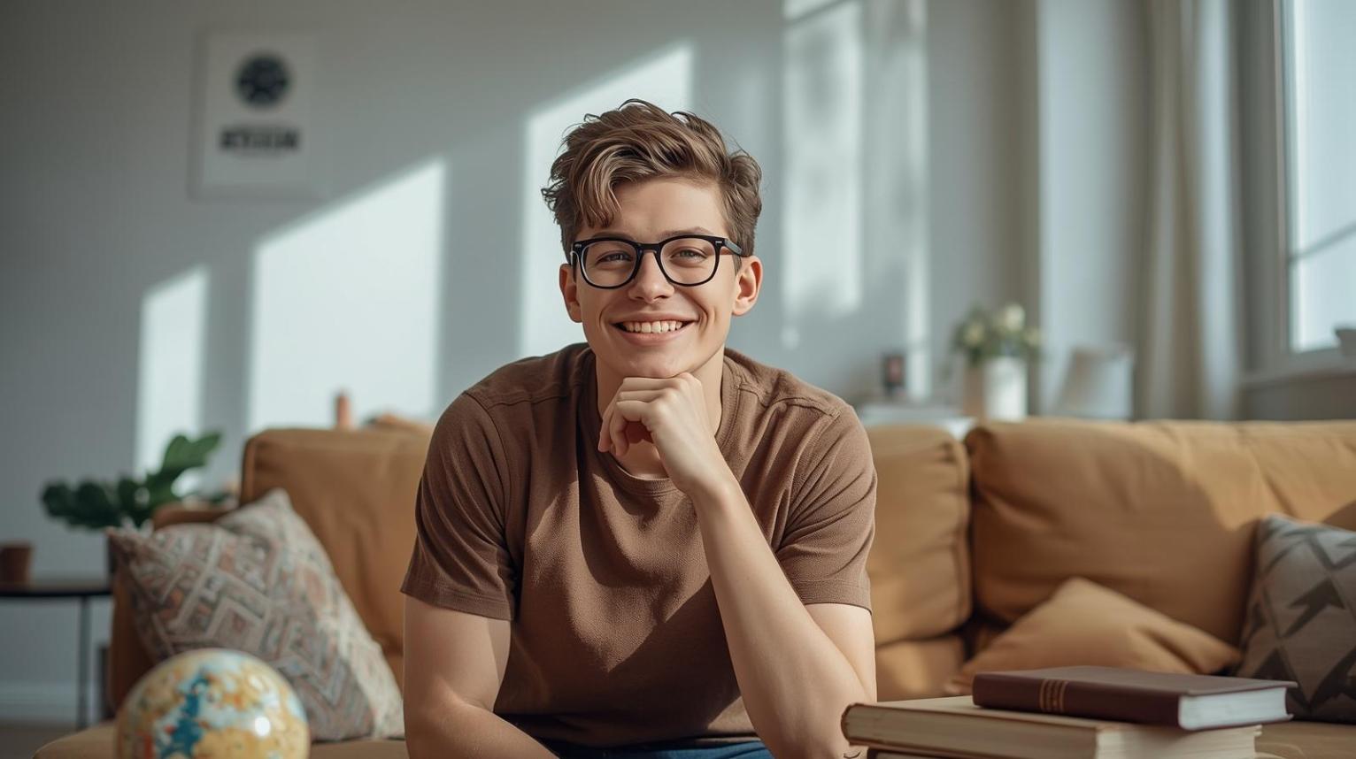 Happy viewer reflecting on media and politics while watching blurred screen content.