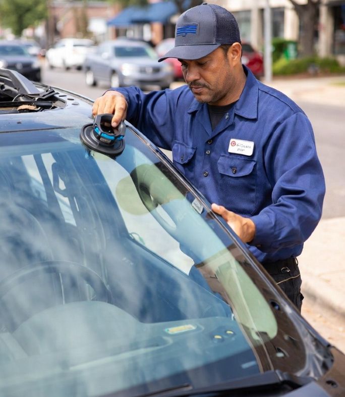 technician replacing a windshield on a San Antonio street.