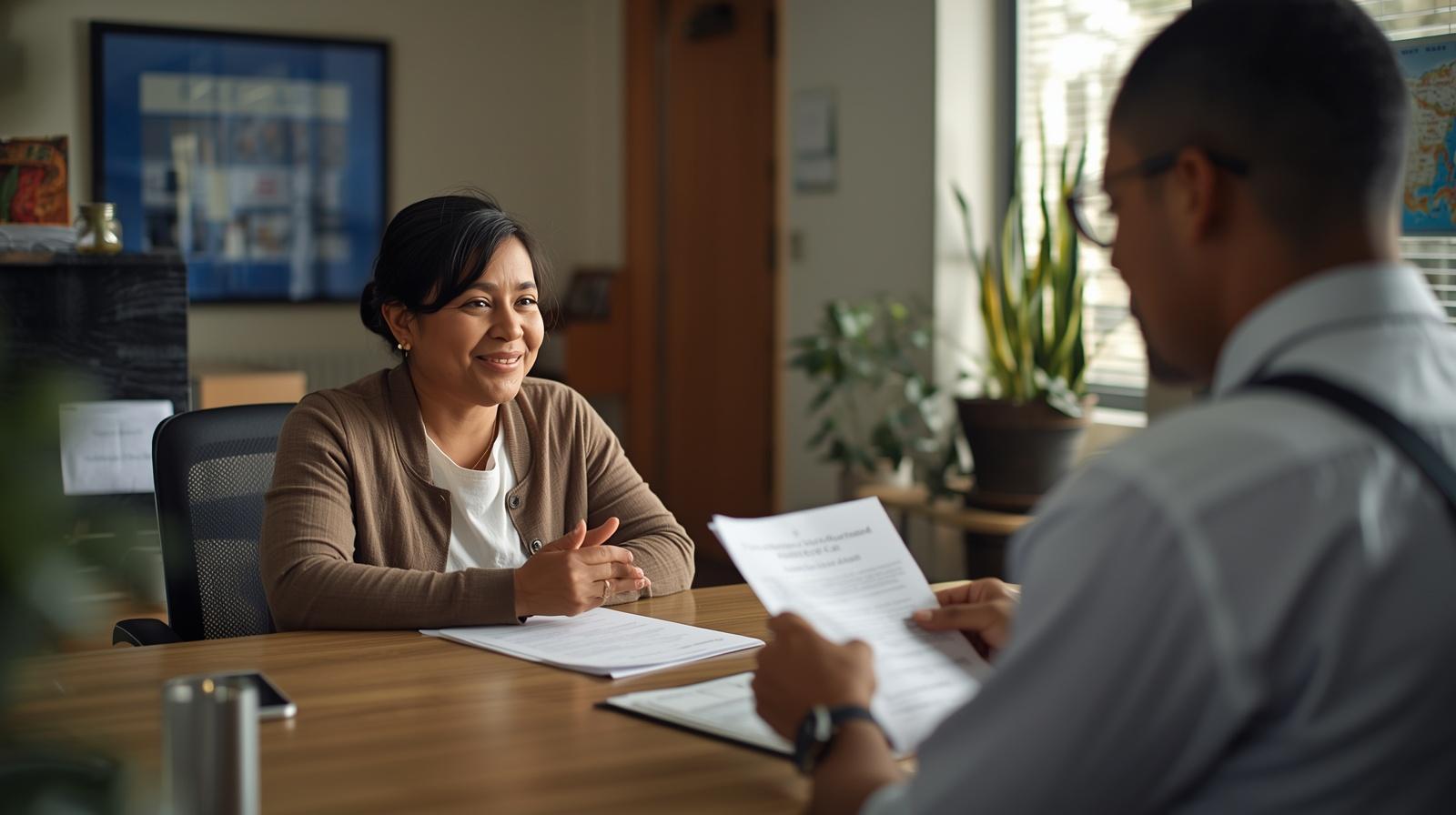 Migrant parent receives government document assistance through supportive certified translation service process today.